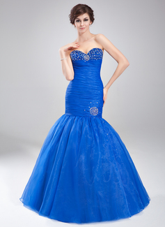 Corte sirena Escote corazón Hasta el suelo Organza Vestido de baile de promoción con Volantes Bordoneado (018020791)