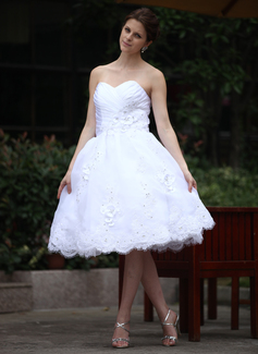A-Line/Principessa A cuore Al ginocchio Taffeta Organza Abito per matrimonio con Increspature pizzi Perline Fiori (016026254)