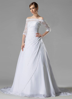 A-Line/Princess Off-the-Shoulder Chapel Train Chiffon Lace Wedding Dress With Embroidery Ruffle Beadwork Sequins (002005194)