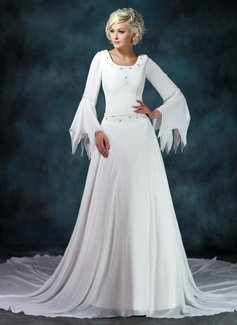 A-Line/Princess Scoop Neck Chapel Train Chiffon Wedding Dress With Ruffle Beadwork (002012145)