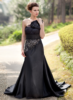 Sereia Um ombro Cauda corte Tule Charmeuse Vestidos de festa com fecho de correr Lantejoulas (017022937)