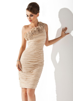 Sheath One-Shoulder Knee-Length Chiffon Cocktail Dress With Ruffle Flower(s) (016008270)