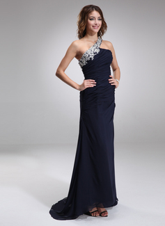 Sheath Asymmetrical Chiffon Evening Dress With Lace Beading (017016875)