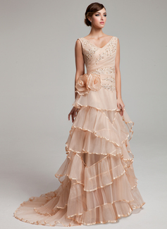 Vestidos princesa/ Formato A Decote V Cauda vassoura Organza Vestido de noiva com Pregueado Renda Bordado fecho de correr (002017527)