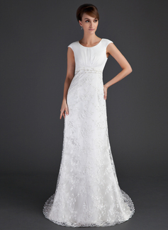Sheath/Column Scoop Neck Court Train Satin Tulle Wedding Dress With Ruffle Lace Beadwork (002001630)