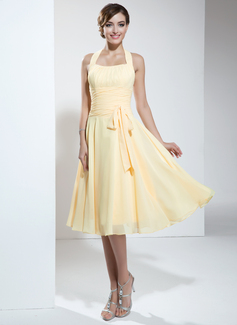 A-Line/Princess Halter Tea-Length Chiffon Homecoming Dress With Ruffle (022003360)