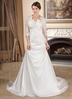 A-Line/Princess Scalloped Neck Court Train Taffeta Wedding Dress With Ruffle (002012567)
