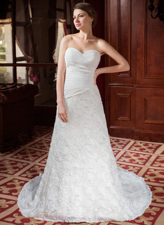 A-formet/Prinsesse Sweetheart Chapel Slep Chiffon Blonde Brudekjole med Frynse Blomst(er) (002024458)