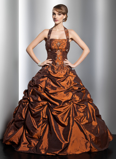 Ball-Gown Halter Floor-Length Taffeta Quinceanera Dress With Ruffle Beading (021014753)