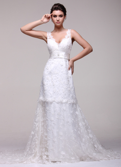 A-Line/Princess V-neck Chapel Train Satin Lace Wedding Dress With Beadwork (002016108)
