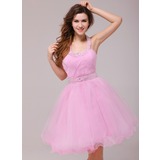 A-Line/Princess Halter Knee-Length Tulle Cocktail Dress With Ruffle Beading (016013979)