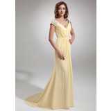 A-Line/Princess V-neck Sweep Train Chiffon Evening Dress With Ruffle Beading (017020987)