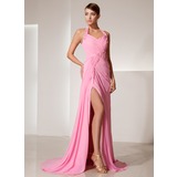 Sheath Halter Sweep Train Chiffon Prom Dress With Ruffle Beading Flower(s) (018014469)