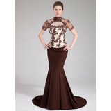 Sereia Frente única Cauda vassoura cetim tule Charmeuse Vestido de festa com laço Beading Sequins (017019454)