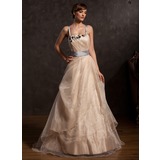 A-Line/Princess Floor-Length Taffeta Organza Prom Dress With Ruffle Sash Appliques (018015055)