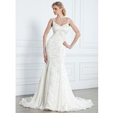 Mermaid V-neck Watteau Train Chiffon Lace Wedding Dress With Beadwork (002005314)