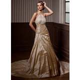 A-Line/Princess Halter Chapel Train Taffeta Organza Wedding Dress With Ruffle Beadwork (002004550)