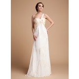 Império Um ombro Vestidos longo Chifon Charmeuse Vestido de Férias com Pregueado Renda Beading (020014525)