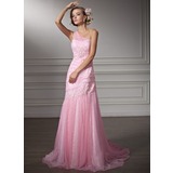 Sheath/Column One-Shoulder Court Train Satin Tulle Wedding Dress With Ruffle Lace Beadwork (002011380)