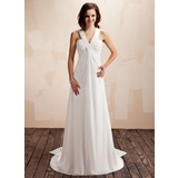 Imperium V-hals Watteau Slep Chiffon Brudekjoler med Frynse (002012664)