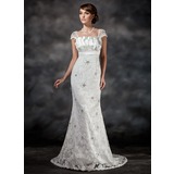 Mermaid Scalloped Neck Sweep Train Charmeuse Lace Wedding Dress With Ruffle Beadwork Sequins (002022561)
