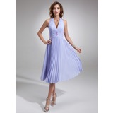 A-Line/Princess Halter Tea-Length Chiffon Bridesmaid Dress With Ruffle Beading (007001067)