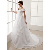 A-Line/Princess Off-the-Shoulder Court Train Organza Wedding Dress With Ruffle (002012708)