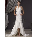 Mermaid Halter Asymmetrical Taffeta Wedding Dress With Beadwork Flower(s) Sequins (002014475)