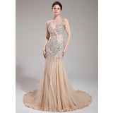 Sheath V-neck Court Train Tulle Prom Dress With Beading (018018993)