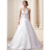 A-Line/Princess Halter Court Train Satin Wedding Dress With Ruffle Beadwork Sequins (002012596)