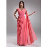 A-Line/Princess V-neck Floor-Length Chiffon Charmeuse Evening Dress With Ruffle (017022552)