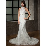 Zeemeermin Nauwaansluitend/Kolom Halter Kapel trein satijn Tulle Bruidsjurk met Lace (002011461)