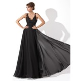 A-Line/Princess V-neck Floor-Length Chiffon Tulle Prom Dress With Ruffle Lace Beading (018005092)