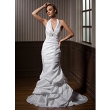 Mermaid Halter Court Train Taffeta Wedding Dress With Ruffle Beadwork (002001271)