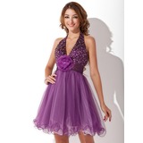A-Line/Princess Halter Short/Mini Taffeta Tulle Homecoming Dress With Ruffle Beading Flower(s) (022020841)