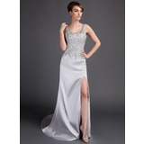Sheath Scoop Neck Court Train Satin Prom Dress With Lace Beading (018015893)
