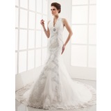 Stile sirena Anello Coda a strascico cattedrale raso Tulle Abito per matrimonio con pizzi Perline (002001251)