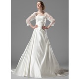 A-Line/Princess Square Neckline Chapel Train Satin Tulle Wedding Dress With Ruffle Lace Beadwork (002000497)