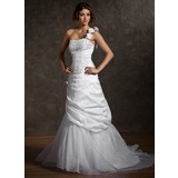 A-Line/Princess One-Shoulder Court Train Taffeta Organza Wedding Dress With Ruffle Beadwork Flower(s) Sequins (002011513)