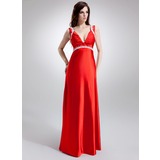 A-Line/Princess V-neck Sweep Train Charmeuse Maternity Bridesmaid Dresses With Embroidered Ruffle Beading (045022465)