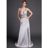 Sheath Court Train Charmeuse Prom Dress With Beading (018015889)