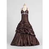 A-Line/Princess V-neck Floor-Length Charmeuse Flower Girl Dress With Ruffle Beading (010005885)