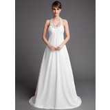 Empire Halter Court Train Chiffon Wedding Dress With Ruffle Beadwork (002001313)