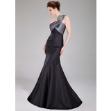 Sereia Um ombro Vestidos longo Tafetá Vestido de baile com Pregueado Bordado (018005107)