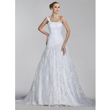 A-Line/Princess One-Shoulder Court Train Satin Tulle Wedding Dress With Ruffle Lace (002004516)