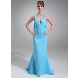 Mermaid V-neck Watteau Train Chiffon Satin Bridesmaid Dress With Ruffle (007004266)