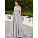 Empire Strapless Court Train Chiffon Charmeuse Evening Dress With Ruffle Beading (018024585)