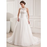 Palloncino Tondo Coda a strascico cappella Chiffon raso Abito per matrimonio con Increspature pizzi (002019534)
