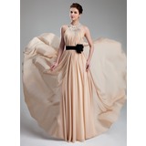 A-Line/Princess Halter Floor-Length Chiffon Prom Dress With Ruffle Sash Beading Flower(s) (018019734)
