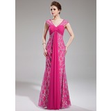 Sheath V-neck Watteau Train Chiffon Lace Prom Dress With Ruffle Beading (018019769)